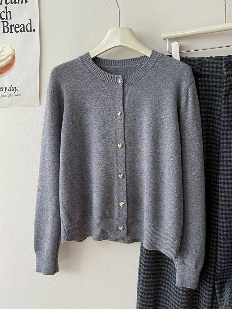 Autumn Winter 2025 New Women's Retro Love Small Gold Buckle Cardigan Female Casual Solid Long Sleeve Slim Knitted Sweater