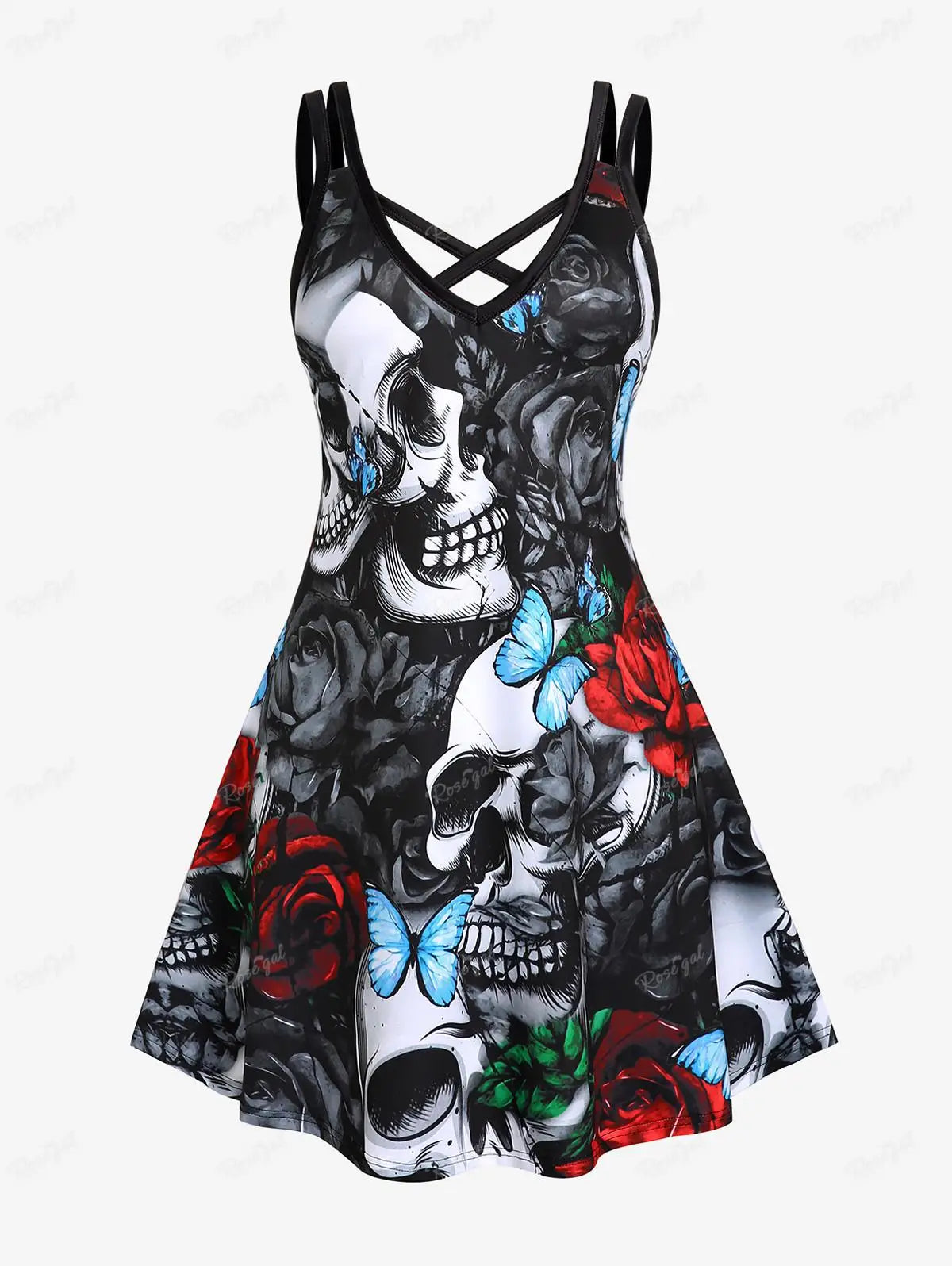 ROSEGAL Halloween 3D Printed Dresses Plus Size Crisscross Skull Print Dress Summer Casual Sleeveless Vestidos 5XL