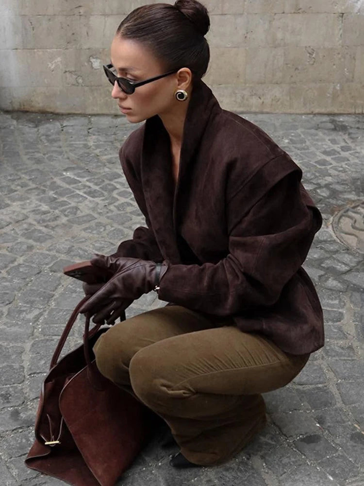 Talenza Vintage Brown Suede Jacket Women Fashion Solid V Neck Long Sleeve Pocket Lapel Single Button Coat Fashion Street Outwear