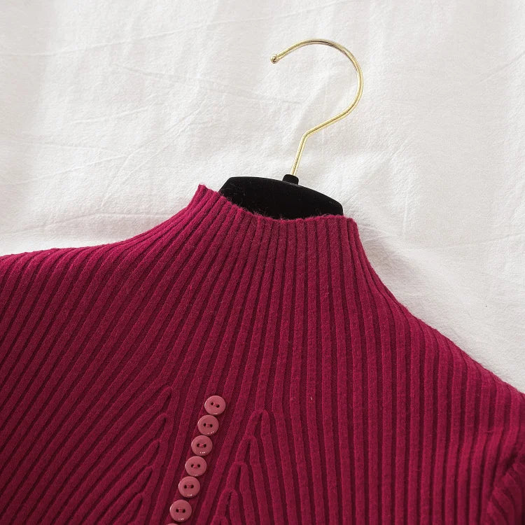 Women Turtleneck Pullovers Autumn Winter Jumper Knitted Basic Top Fashion Solid Color with Button Long Sleeve Ladies Sweater