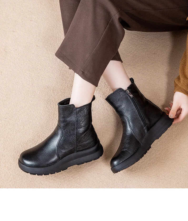 GKTINOO 2025 Winter New Genuine Leather Side Zipper Flat Bottom Women's Short Boots Soft Sole Plush Warm Cotton Shoes
