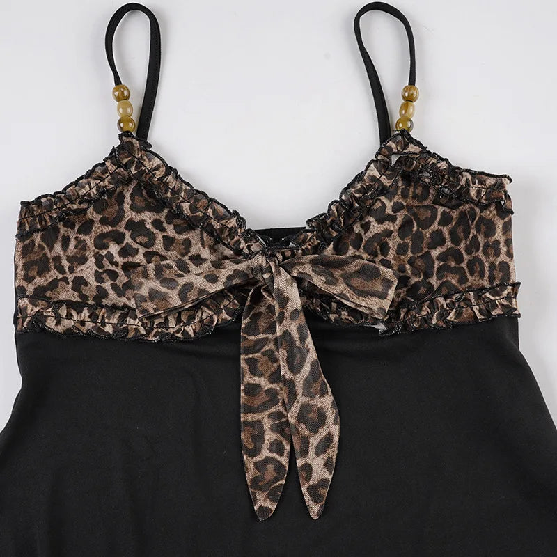 American Hotsweet Y2k Leopard Camisole Women Retro Streetwear E-girl 90s Dark Gothic Sexy Patchwork Lace-up Crop Tank Top Femme