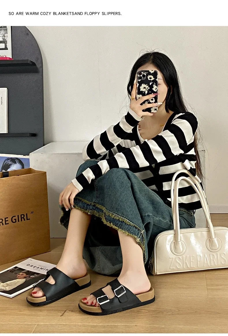 Women's Belted Sandals Roman Style PVC Material Open Toe Metal Decorated Flat Heels Spring Summer Outdoor Wear Fashionable Versa