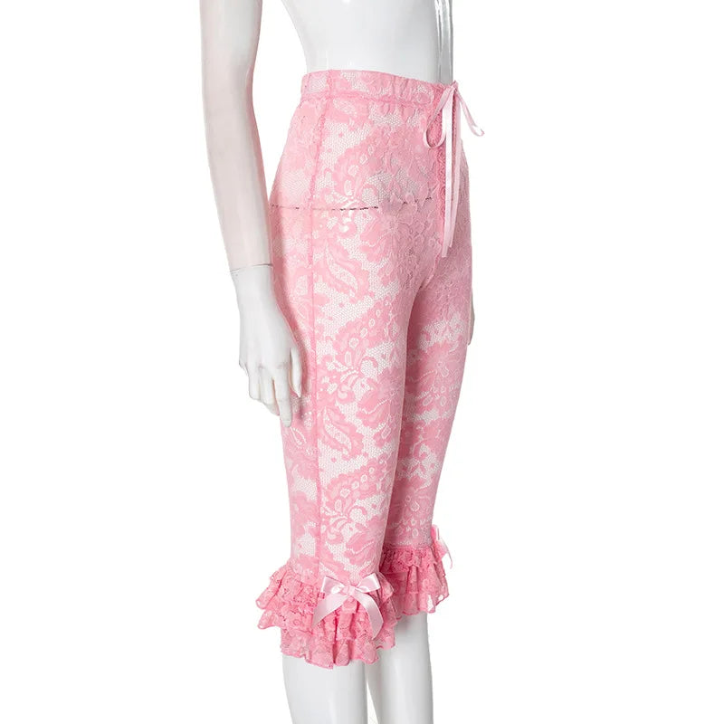 CM.YAYA Women Fashion Sexy Party Clubwear Lace Floral See Though Cascading Ruffles Hem Flare Lace Up Pants Capris 2025 Trousers