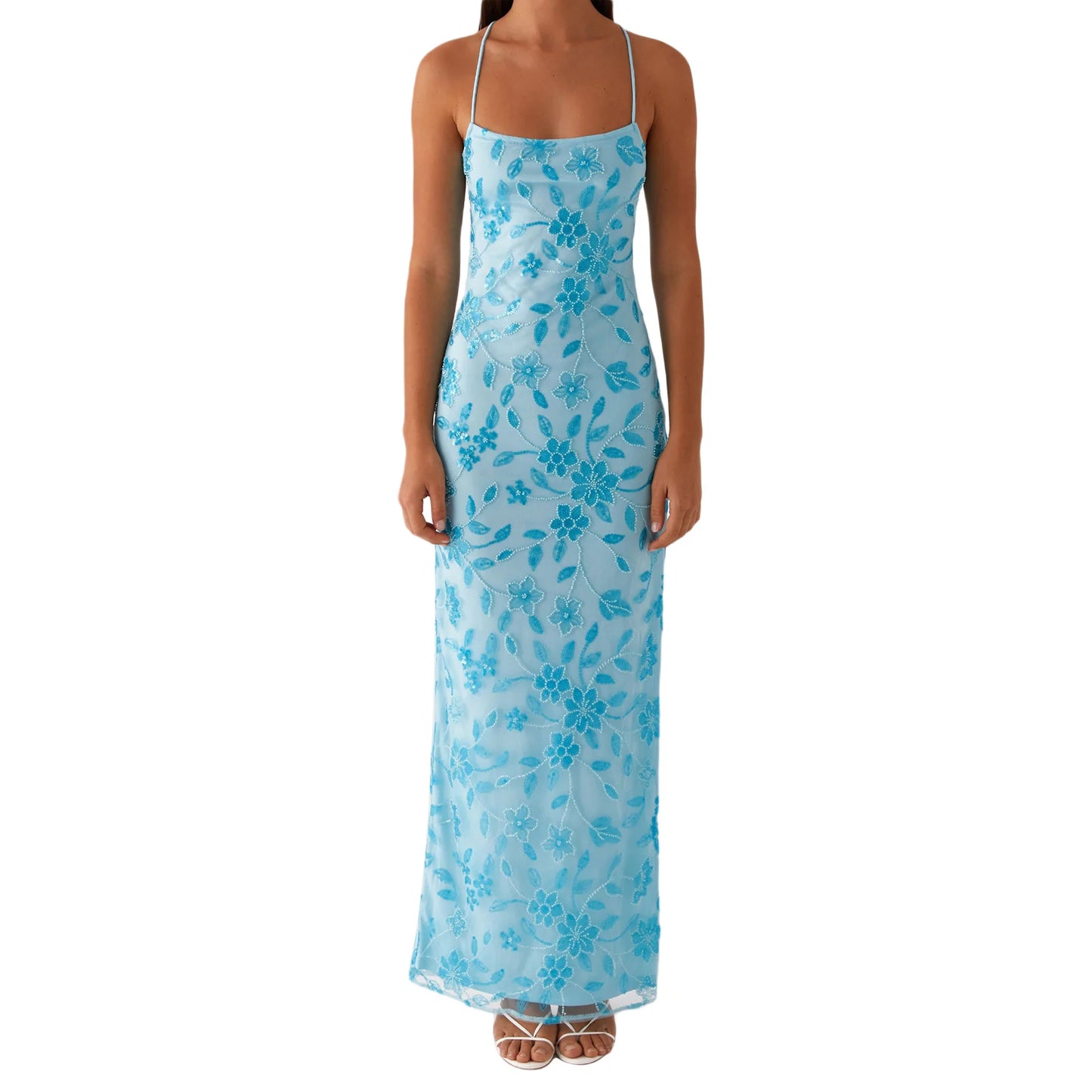 2025 Women Beaded Flower Cami Dress Slim Glitter Sequin High Split Spaghetti Strap Open Back Long Dress for Party Club Vestidos