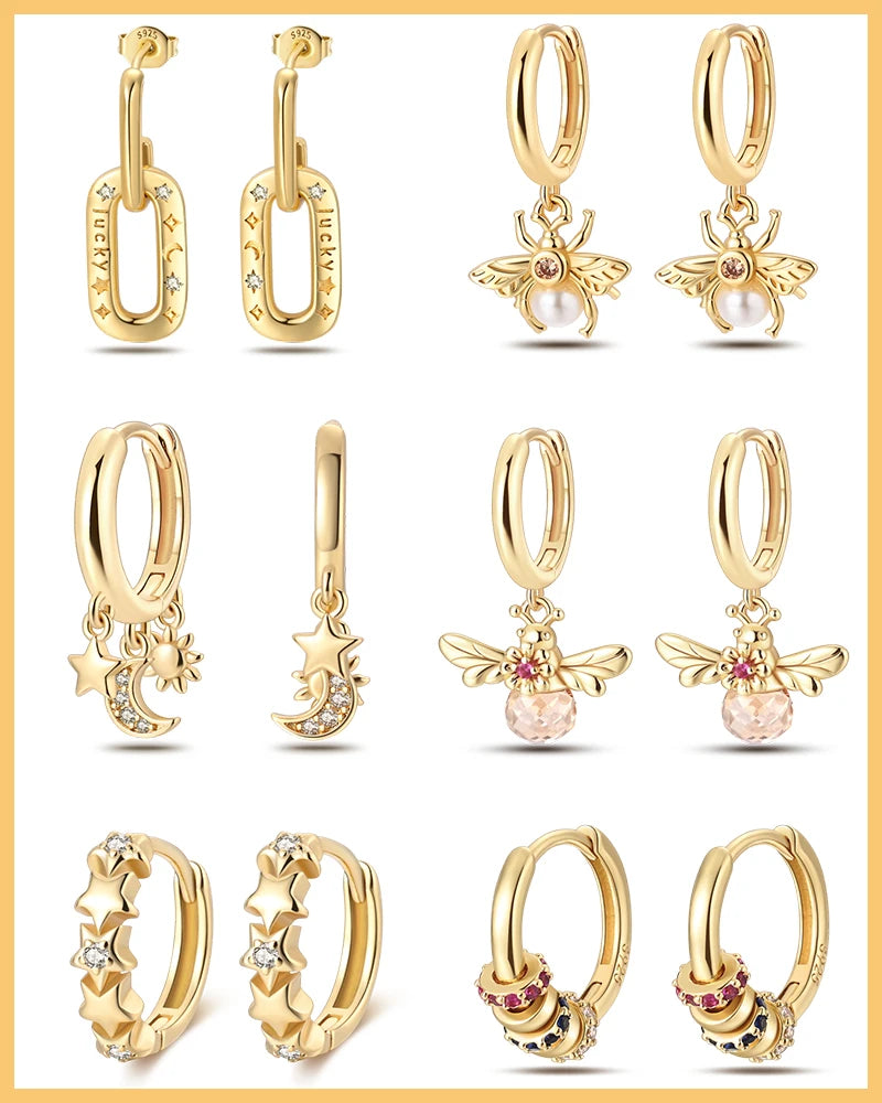 New in 925 Silver Color Gold Pearl Bee Irregularity Star Moon Earrings For Women 2024 Trending Fashion Jewelry Birthday Gifts