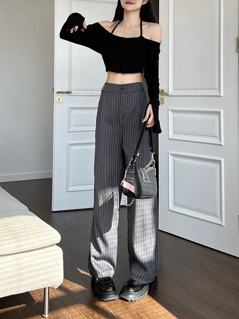 Slimming High Waist Trousers Women's Loose Striped Wide Leg Pants Korean Sle Commute Faion plus Size Long Trousers