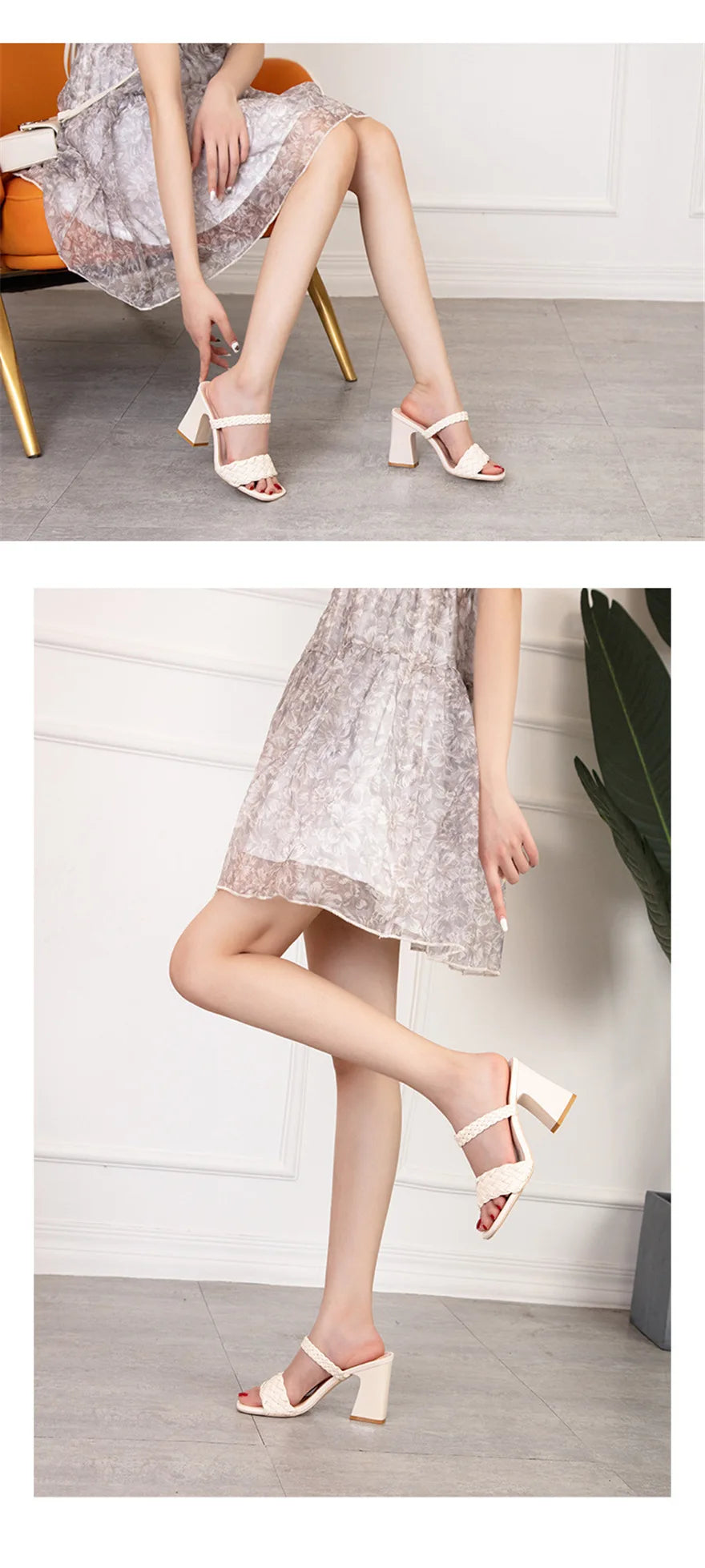Fashion Weave Thick Heel Women's Slippers Square Toe Summer Casual Ladies Slides Red Orange Shoes Slip On Beach Sexy Pumps Woman