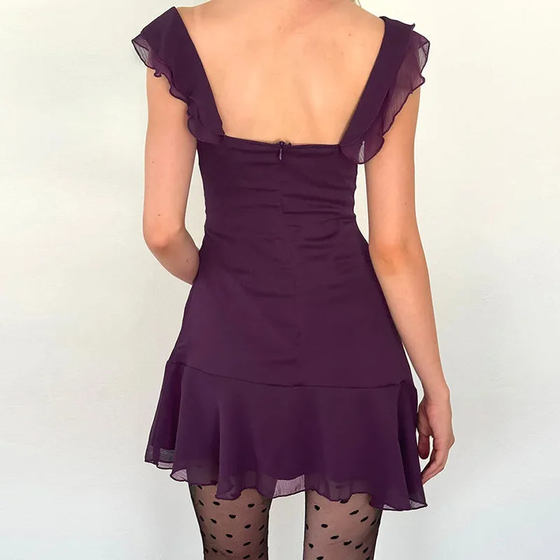 European and American style women's spring new fashion sexy French temperament sleeveless square collar ruffled chiffon dress