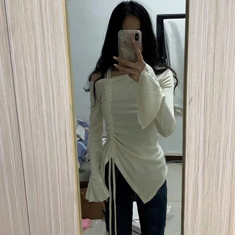 Women Spring Autumn Cotton Flare Sleeve T Shirts Solid Bodycone Basic Long Sleeve Crop Tops Casual Shirring Off-shoulder Tees