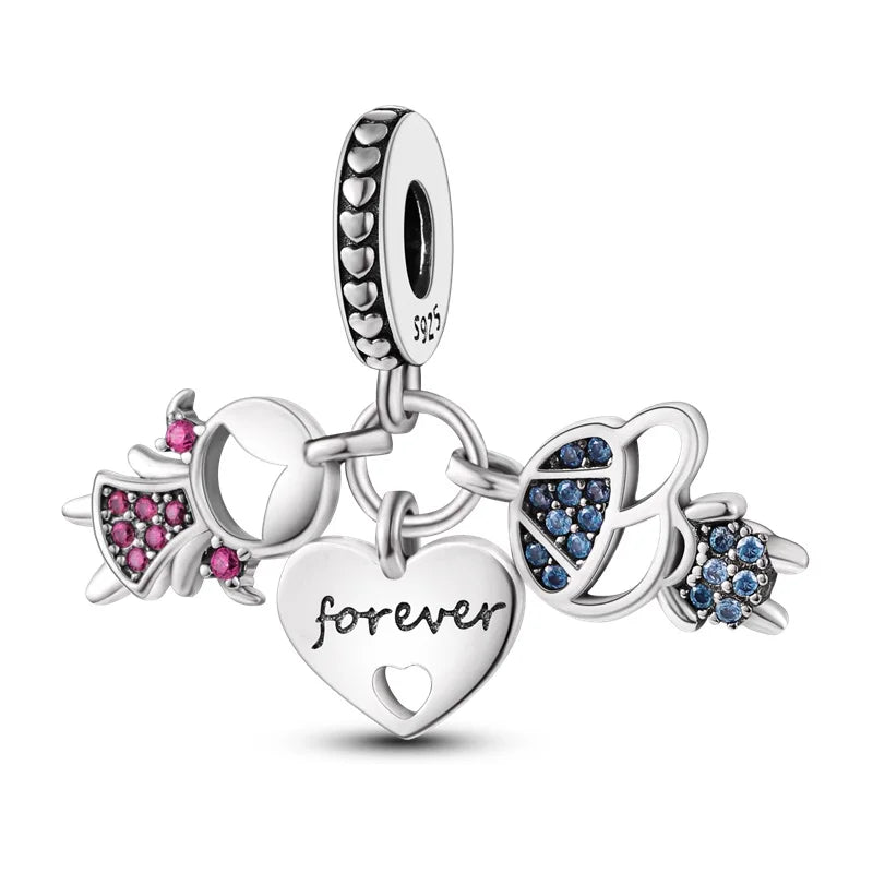 Original 925 Sterling Silver Love Heart Family Charm Beads Pendant Fit Bracelet Charm Women DIY Jewelry Gift