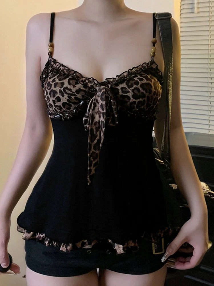 American Hotsweet Y2k Leopard Camisole Women Retro Streetwear E-girl 90s Dark Gothic Sexy Patchwork Lace-up Crop Tank Top Femme