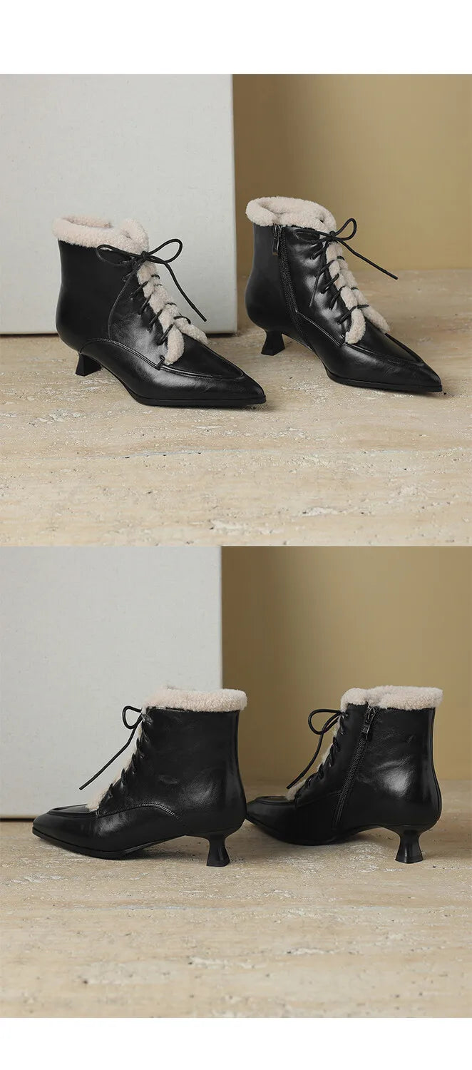 NEW Winter Women Shoes Split Leather Shoes for Women Pointed Toe Kitten Heel Shoes Elegant Modern Boots Wool Blend Ankle Boots