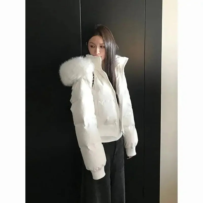 Fashion Street Simple Fur Collar White Zipper Hooded Short Jacket Women 2025 Winter Plus Velvet Thickened Warm Casual Jacket