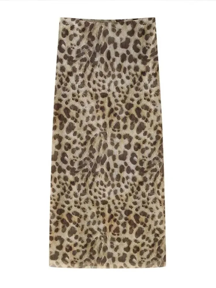 Women's tulle leopard print top shoulder straight neck and leopard print straight skirt summer casual girls two-piece set
