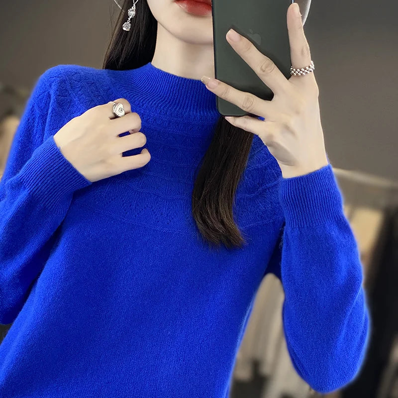 2024 New Line Of Garment Hollowed Out Half Height Women's High-grade Woolen Sweater 100% Pure Wool Multi-color Option WQ
