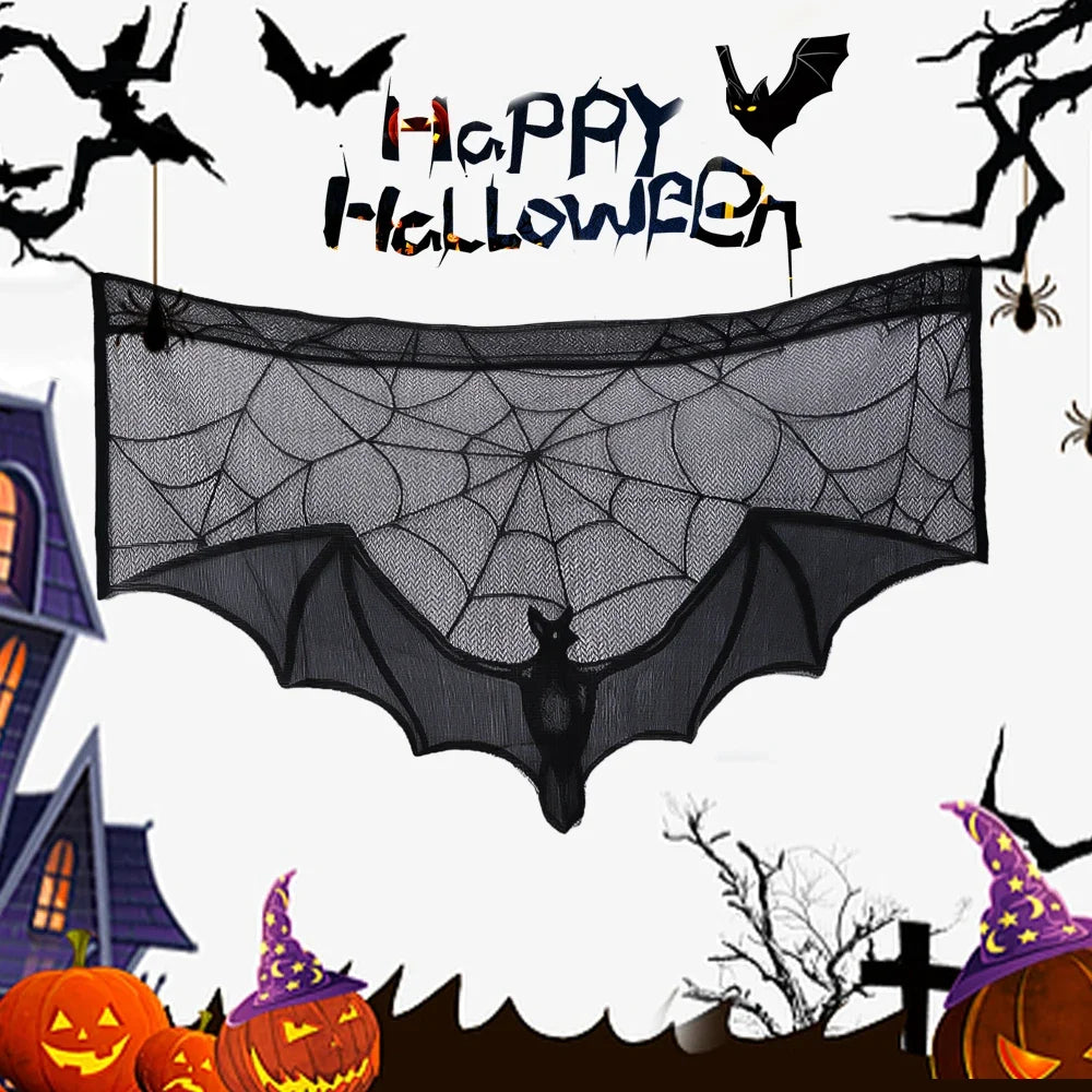 Hallowen Bat Spider Web Table Runner Door Curtain Lace Cobweb Fireplace Cover Lampshade Perfect for Gothic Halloween Decoration