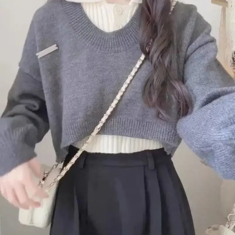 Preppy Style Women's Polo Collar Sweater 2-Piece Set Cropped Idle Style Knit Suit V-Neck Top For Spring And Autumn