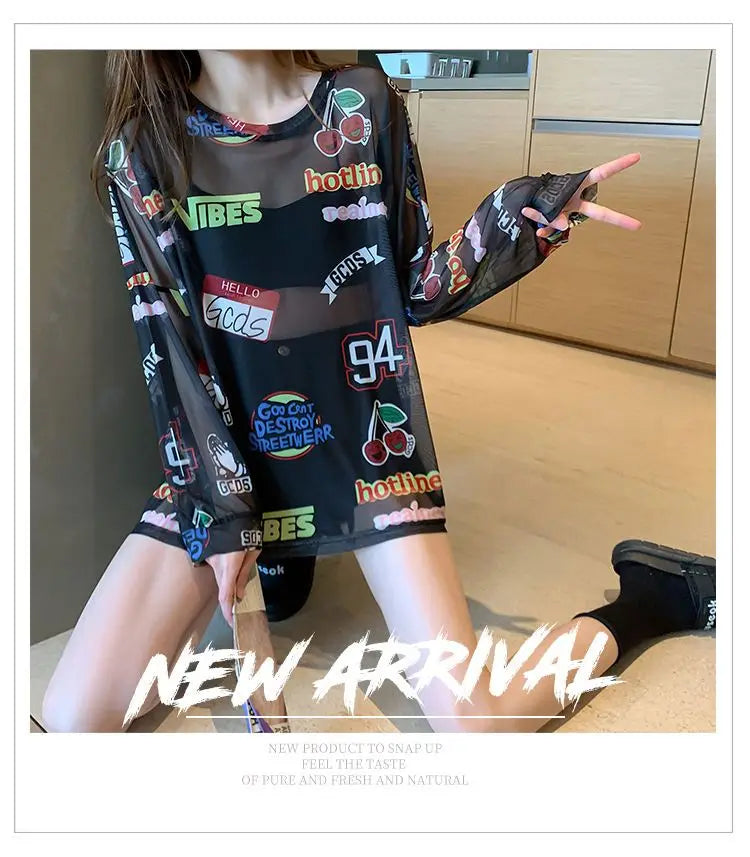 Women Letter Graphic Print Sexy Sheer Mesh Harajuku Y2K T Shirt Summer Trendy Long Sleeve Thin Tees Casual Streetwear Tops Ropa