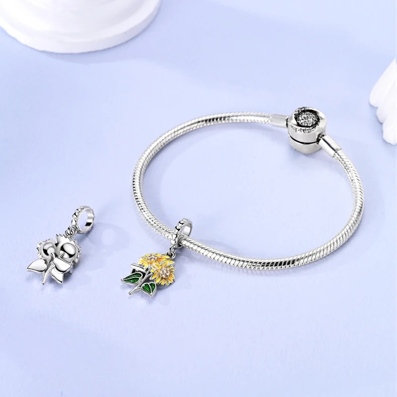 New 925 Sterling Silver Two Tone Golden Sunflower Lucky Stars Charm Fit Bracelet & Necklace Sun Moon Diamond Charm Jewelry DIY