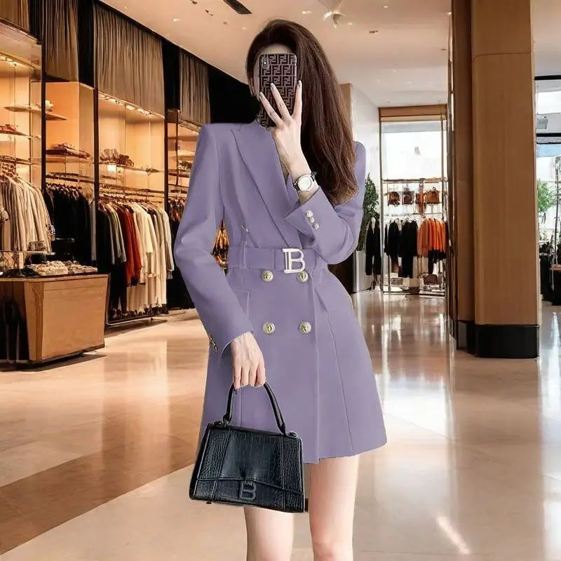 2025 New Spring Autumn Chic Casual Outwear Jacket Outwear Women's Belt Medium Long Double Row Long Sleeve Professional Suit Tops