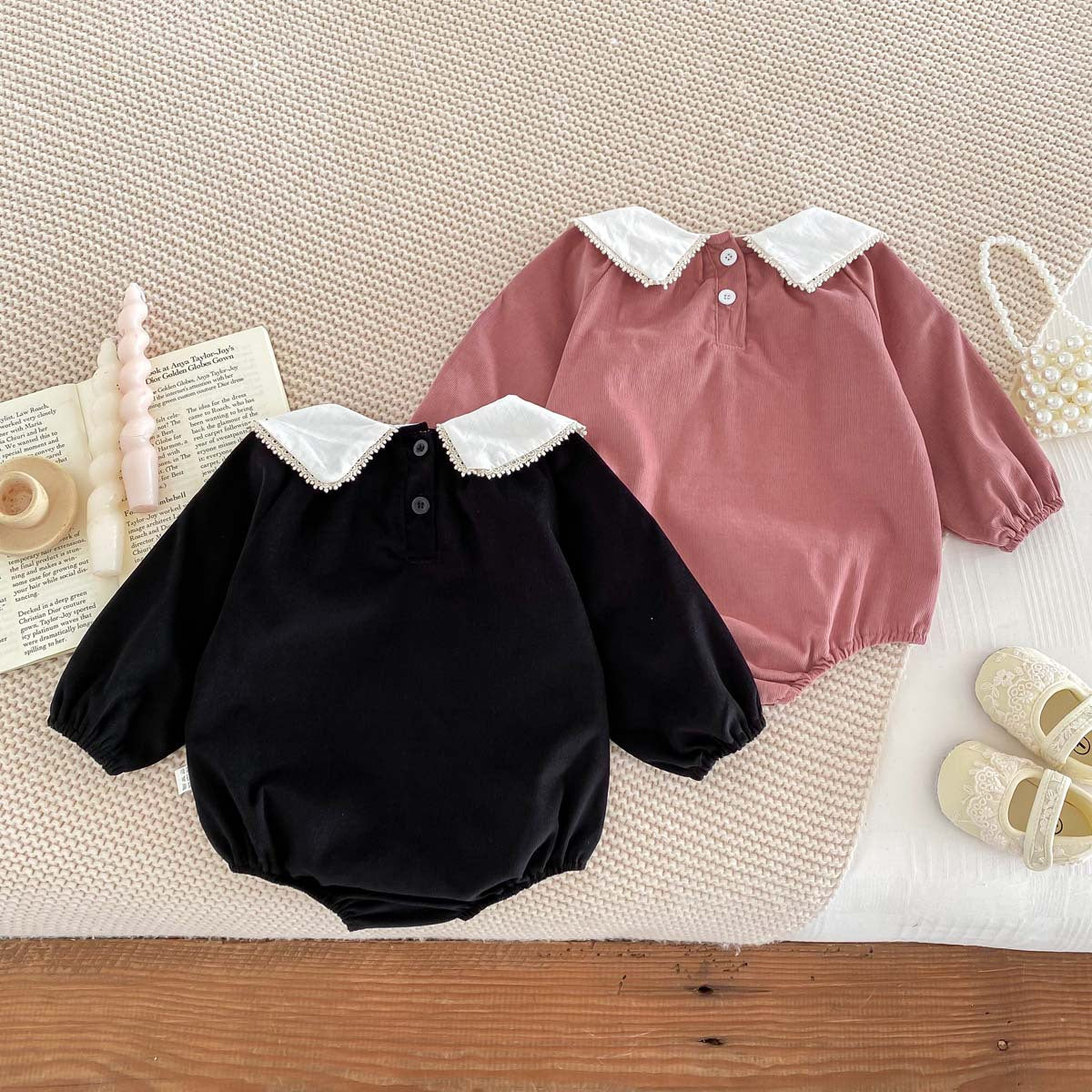 Newborn Baby Girls Peter Pan Floral Collar Long Sleeves Solid