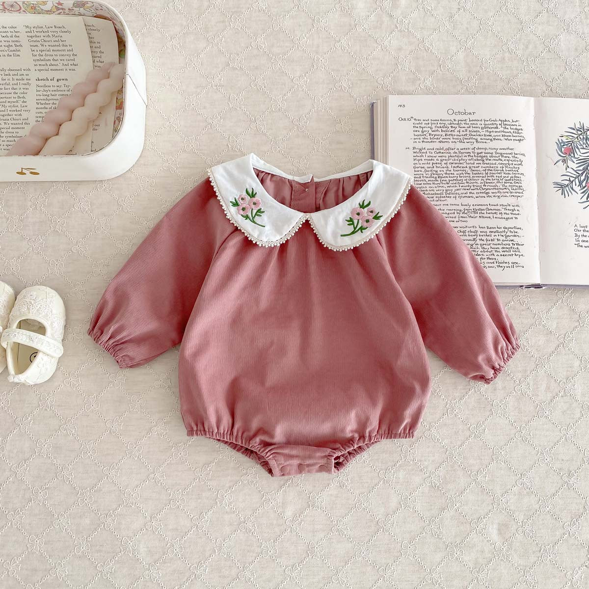 Newborn Baby Girls Peter Pan Floral Collar Long Sleeves Solid