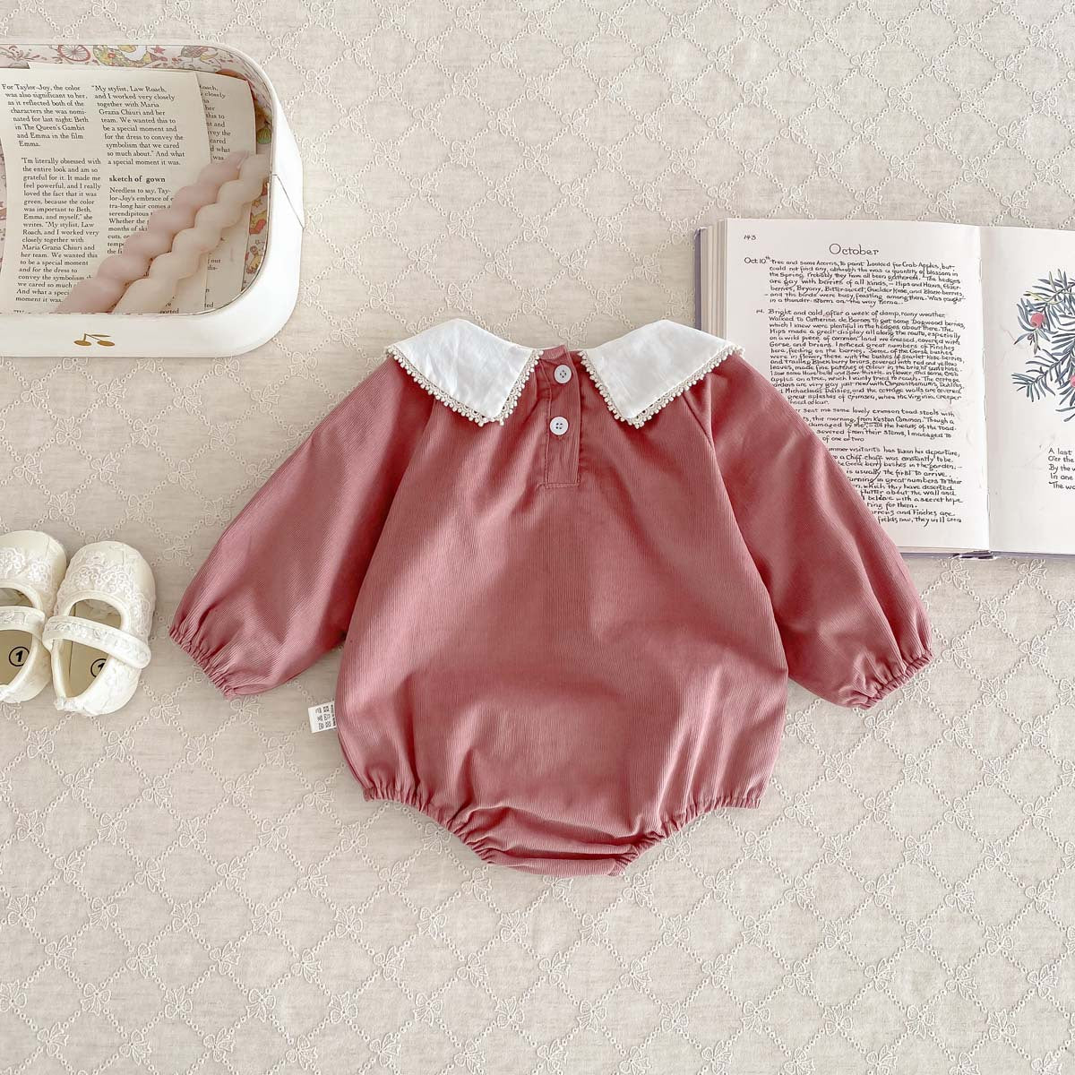 Newborn Baby Girls Peter Pan Floral Collar Long Sleeves Solid