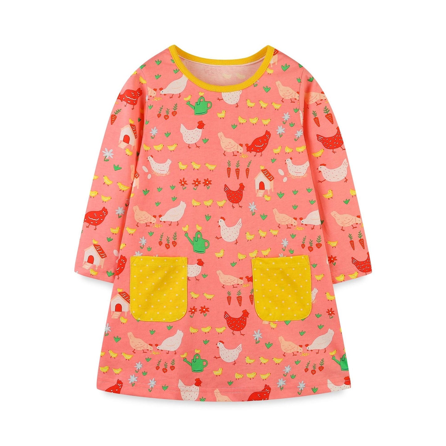 Cozy Long Sleeve Knit Dress: Cotton Patchwork With Pocket For Girls – Cartoon Round Neck Princess Dress