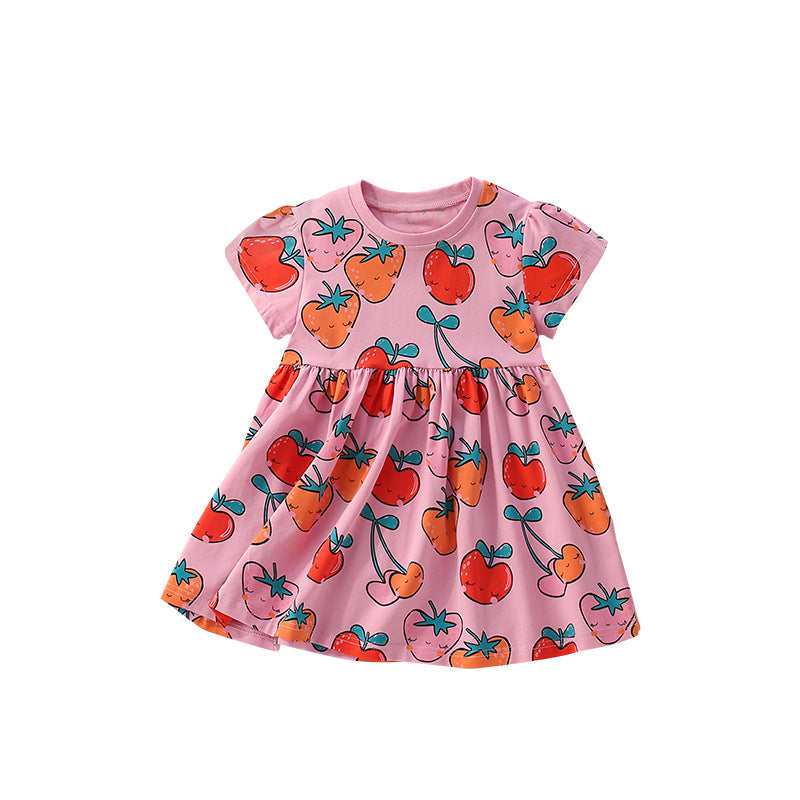 Summer Arrival Fruits Strawberry Cartoon Pattern Short Sleeves Dress for Stylish Girls