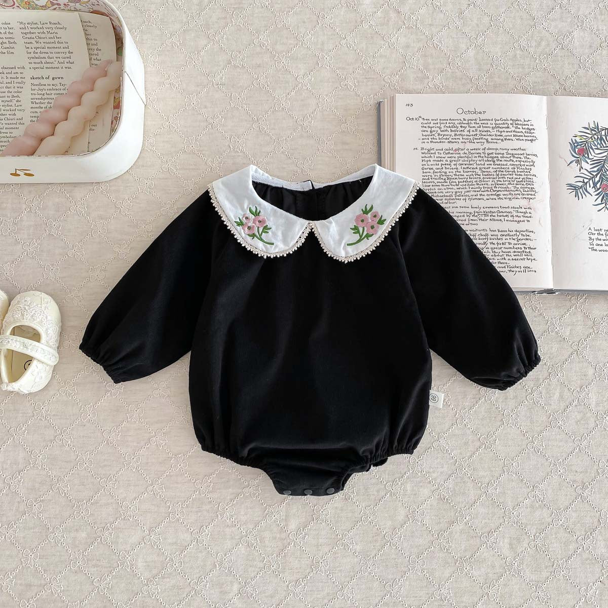 Newborn Baby Girls Peter Pan Floral Collar Long Sleeves Solid