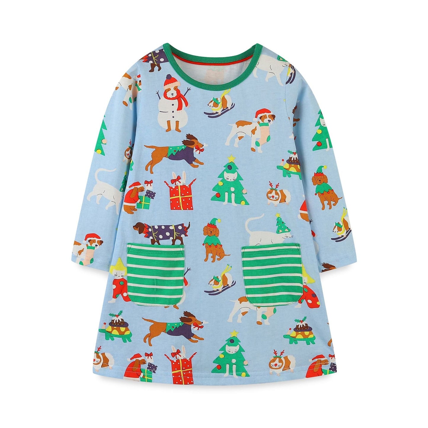 Cozy Long Sleeve Knit Dress: Cotton Patchwork With Pocket For Girls – Cartoon Round Neck Princess Dress