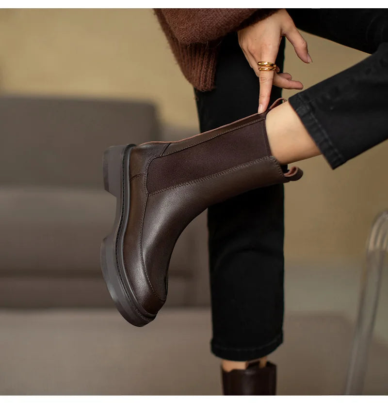 Hot Genuine Leather Women's Boots Retro British Style Slip-On Chelsea Boots Fashion Ankle Boots Round Toe Flat with Women Shoes