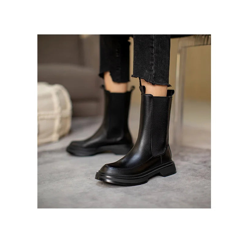 Hot Genuine Leather Women's Boots Retro British Style Slip-On Chelsea Boots Fashion Ankle Boots Round Toe Flat with Women Shoes