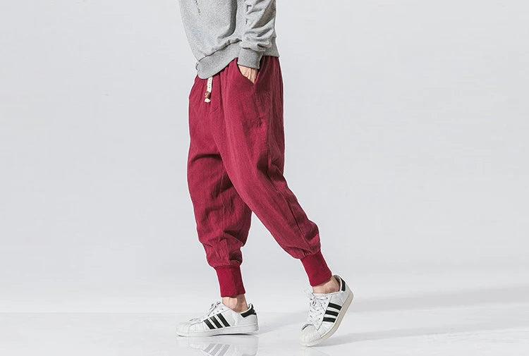 Cotton Linen Harem Pants Men Solid Elastic Waist Streetwear Joggers New Baggy Drop-crotch Pants Casual Trousers Men