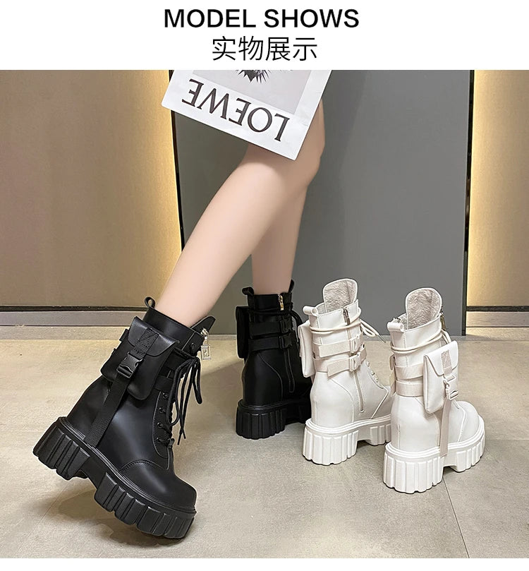 Winter Warm Ankle Boots for Women Leather Short Boots Round Toe High Platform Fur Motorcycle Boots Thick Heel Sneakers Shoe 10cm