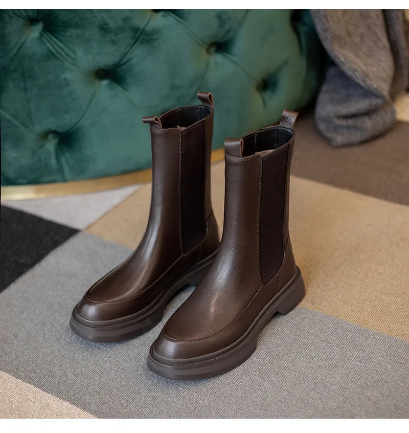 Hot Genuine Leather Women's Boots Retro British Style Slip-On Chelsea Boots Fashion Ankle Boots Round Toe Flat with Women Shoes
