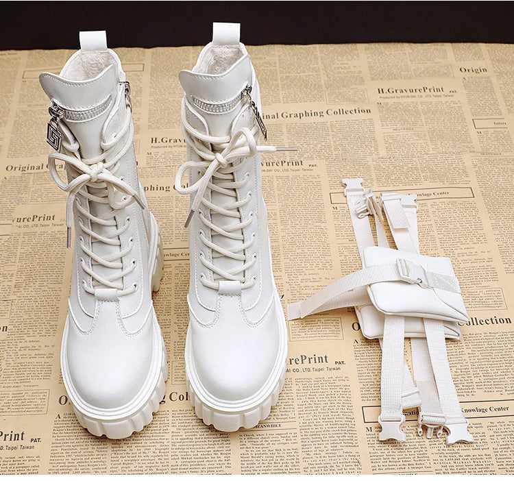 Winter Warm Ankle Boots for Women Leather Short Boots Round Toe High Platform Fur Motorcycle Boots Thick Heel Sneakers Shoe 10cm