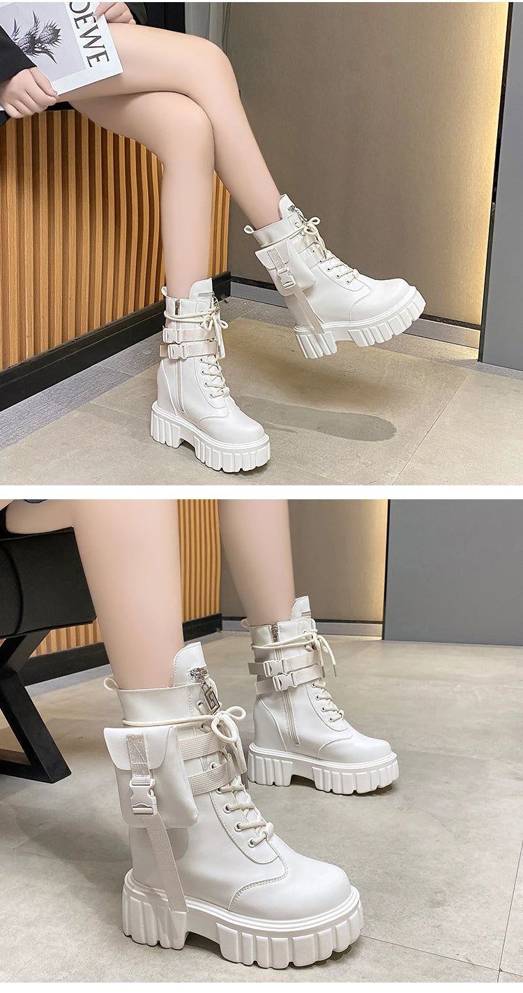 Winter Warm Ankle Boots for Women Leather Short Boots Round Toe High Platform Fur Motorcycle Boots Thick Heel Sneakers Shoe 10cm