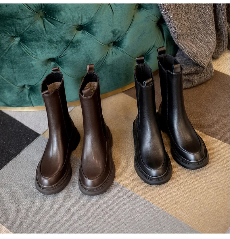 Hot Genuine Leather Women's Boots Retro British Style Slip-On Chelsea Boots Fashion Ankle Boots Round Toe Flat with Women Shoes