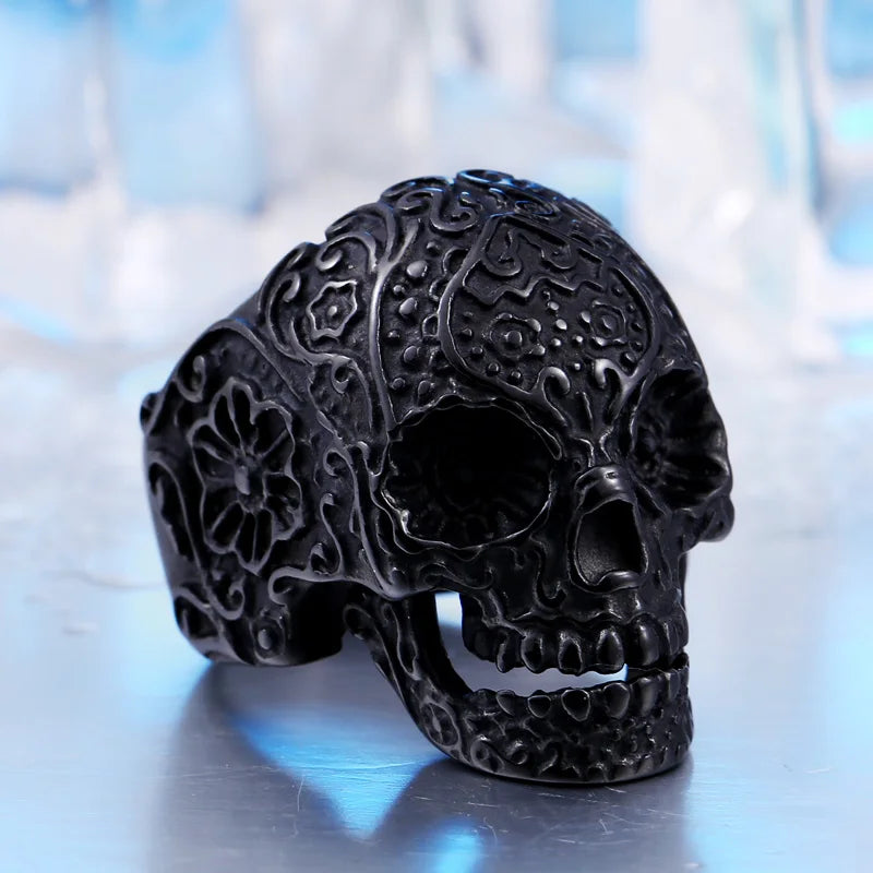 BEIER Wholesale Classic Garden Flower Skull Ring For Man Stainless Steel Man's Punk Style Jewelry BR8-071 US Size Halloween Gift