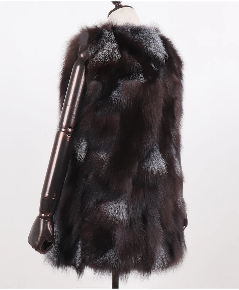 New Women Autumn Winter Long Style 100% Genuine Real Sliver Fox Fur Vest Natural Fox Fur Sleeveless Coat Lady Real Fox Fur Gilet