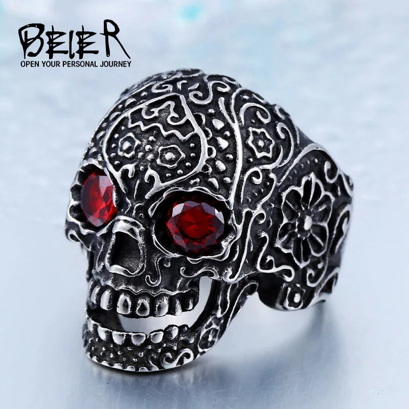 BEIER Wholesale Classic Garden Flower Skull Ring For Man Stainless Steel Man's Punk Style Jewelry BR8-071 US Size Halloween Gift