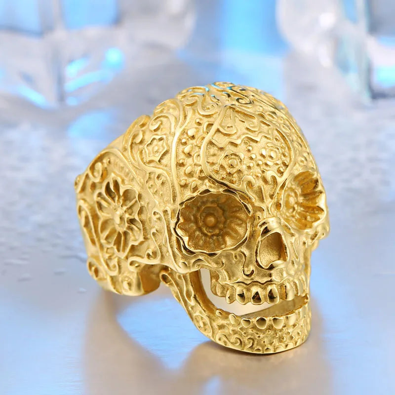 BEIER Wholesale Classic Garden Flower Skull Ring For Man Stainless Steel Man's Punk Style Jewelry BR8-071 US Size Halloween Gift