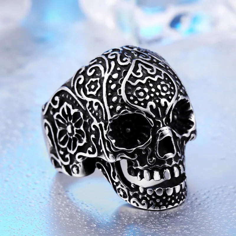 BEIER Wholesale Classic Garden Flower Skull Ring For Man Stainless Steel Man's Punk Style Jewelry BR8-071 US Size Halloween Gift