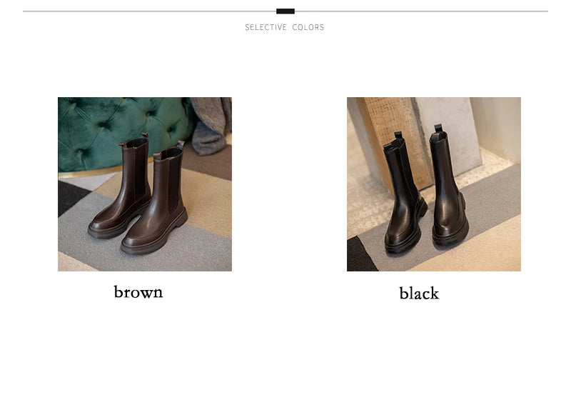 Hot Genuine Leather Women's Boots Retro British Style Slip-On Chelsea Boots Fashion Ankle Boots Round Toe Flat with Women Shoes