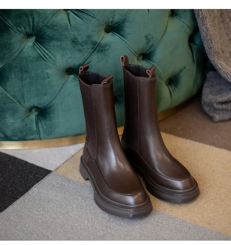 Hot Genuine Leather Women's Boots Retro British Style Slip-On Chelsea Boots Fashion Ankle Boots Round Toe Flat with Women Shoes