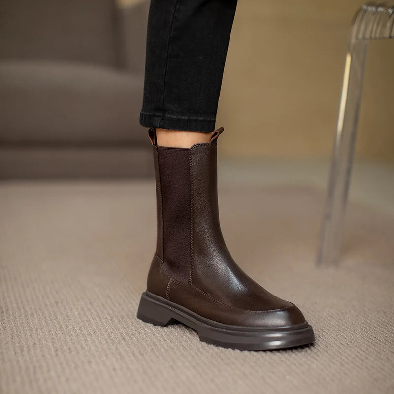 Hot Genuine Leather Women's Boots Retro British Style Slip-On Chelsea Boots Fashion Ankle Boots Round Toe Flat with Women Shoes