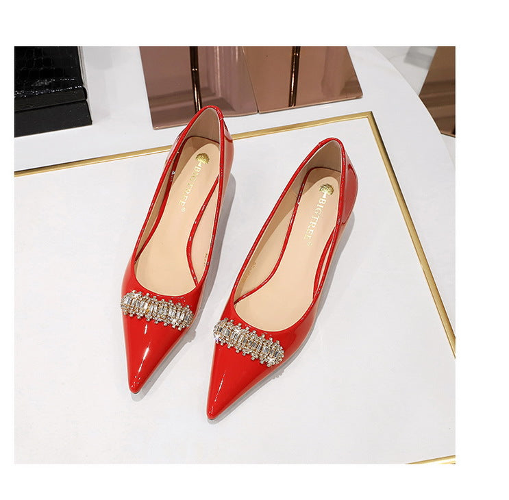BIGTREE Shoes 4.5 cm Rhinestone metal decoration Kitten high heels patent leather Women Pumps stilettos Lady Shoes Plus Size 43