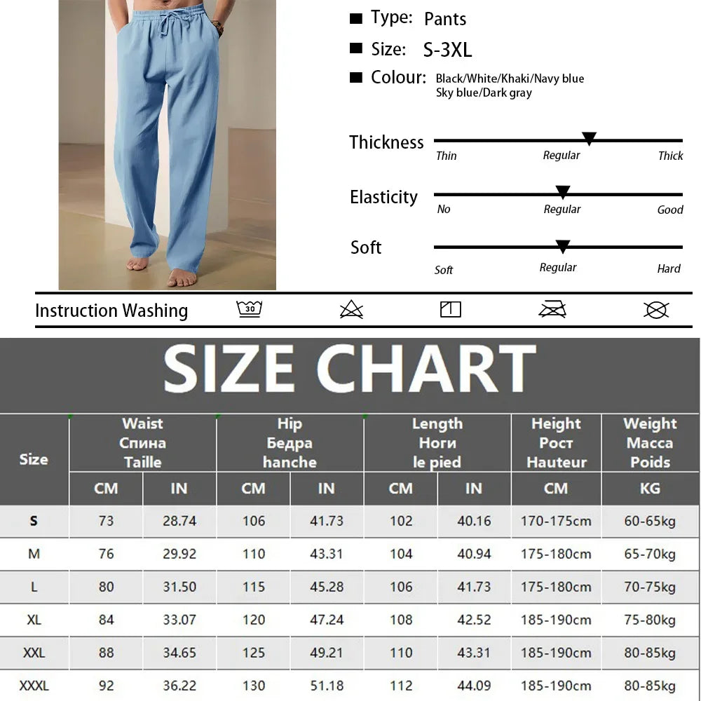 Men's Cotton Linen Casual Long Pants Summer Loose Breathable Beach Pants Solid Color Drawstring Elastic Waist Male Trousers